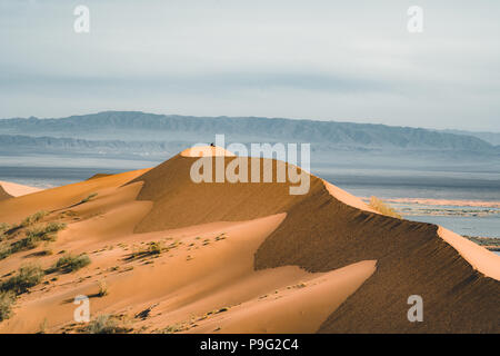 Dunes de sable sous ciel bleu. Désert du Sahara, auparavant, les maisons de village transféré en raison de mouvement des sables bitumineux. Banque D'Images