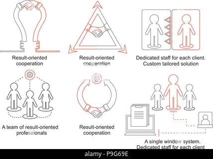 La logistique fine ligne d'icônes. Concept d'affaires avec lampe et handhsake. Une équipe de professionnels orientée vers les résultats. Le personnel dédié pour chaque client. Solution sur mesure. La coopération axée sur les résultats Illustration de Vecteur