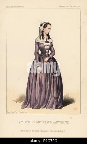 Madame Charlotte Doche dans Madame Roland par Virginie Ancelot, théâtre du Vaudeville, 1843. Lithographie coloriée après une illustration par Victor Dollet à partir de la Galerie dramatique : les costumes des théâtres de Paris, Paris, 1844. Banque D'Images