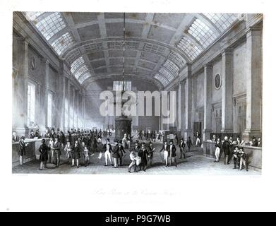 Paiement de la douane dans la Long Room à Custom House. Construit en 1813 par l'architecte David Laing, il s'est effondré en 1825. Gravure sur acier par Henry Melville après une illustration par Thomas Hosmer Shepherd de London Interiors, leurs costumes et les cérémonies, Joshua Mead, Londres, 1841. Banque D'Images