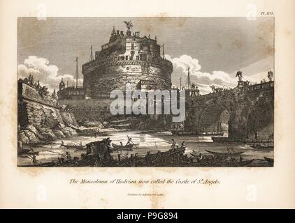 Vue sur le Mausolée d'Hadrien ou le château de Saint Angelo à Parco Adriano, Rome. La gravure sur cuivre par Henry Moïse à partir d'une collection de vases antiques, autels, etc., Londres, 1814. Banque D'Images