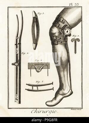 18e siècle genou chirurgie matelassée sur une jambe 1, Jean Louis Petit's machine pour joints disloquées 2-5. La gravure sur cuivre par Robert Benard de Denis Diderot's Encyclopedia, Pellet, Genève, 1779. Banque D'Images