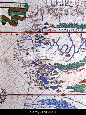 Atlas de Joan Martines, Messine, 1582. Portulan organigramme de la côte ouest de l'Amérique latine (Pérou, Equateur… Banque D'Images