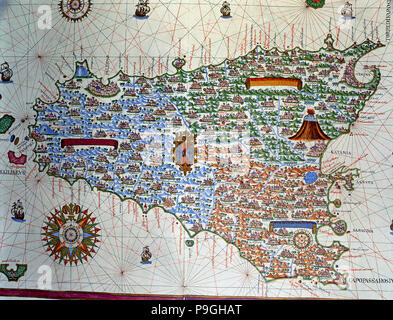 Atlas de Joan Martines, Messine, 1582. Portulan carte de l'île de Sicile. Banque D'Images