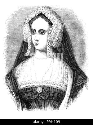 Un portrait de Catherine d'Aragon ( 1485 - 1536), reine d'Angleterre à partir de juin 1509 jusqu'en mai 1533 que la première épouse du roi Henry VIII. Pendant six mois en 1513, elle a servi comme régent d'Angleterre alors que Henry VIII était en France. En 1525, Henry VIII était épris d'Anne Boleyn et mécontent que Catherine avait produit aucun fils survivant, il a cherché à faire annuler leur mariage, pour mettre en place un système de chaîne d'événements qui ont conduit à l'Angleterre le schisme avec l'Église catholique. En 1533, leur mariage est par conséquent déclaré invalide et Henry épouse Anne. Banque D'Images