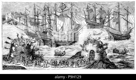 Le Roi Henry VIII au départ de Douvres, le 31 mai 1520 pour sa rencontre avec François I à la domaine de l'étoffe d'or. L'illustration montre un grand nombre de navires commandés par Henry VIII. Theys ont été conçus avec un 'châteaux' d'avant en arrière dans le cadre de la structure du navire pour accueillir des troupes et leur donner une plate-forme de combat et avec une faible section centrale (tour) pour permettre l'embarquement et des combats aux côtés des autres navires. Avec coque lisse sabords afin que puisse être coupé en l'autre, de permettre à travers le feu, cela signifiait que les navires pourraient être beaucoup plus lourdement blindés. Banque D'Images