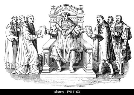 Le Roi Henry VIII la prestation de la grande bible de 1539 à Thomas Cranmer et Thomas Cromwell. C'était la première édition autorisée de la Bible en anglais, qui sera lu à voix haute dans l'église de l'Église d'Angleterre. La grande Bible a été préparé par Myles Coverdale, travaillant sous commission de Thomas, Lord Cromwell, Secrétaire d'Henry VIII et Vicaire général. La grande Bible comprend beaucoup de la Bible de Tyndale, avec les aspects contestables de révision. Il était aussi connu comme la Bible enchaînée, puisqu'il était enchaîné pour empêcher le retrait de l'église. Banque D'Images