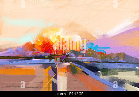 Peinture à l'huile Abstrait Paysage. Bleu ciel coloré violet. Une peinture à l'huile sur toile. Arbre abstrait semi ,champ, prairie. Paysage Abstraction na Banque D'Images