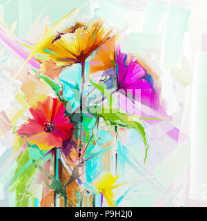 Abstract floral peinture couleur d'huile. Jaune peint à la main et les fleurs rouges, dans des tons doux. Peintures de fleurs sur fond de couleur jaune et rouge. Flo printemps Banque D'Images