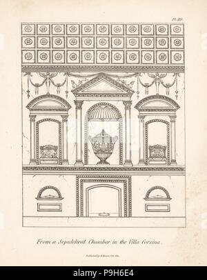 Mur d'urnes funéraires dans une chambre sépulcrale dans la Villa Corsina. La gravure sur cuivre par Henry Moïse à partir d'une collection de vases antiques, autels, etc., Londres, 1814. Banque D'Images