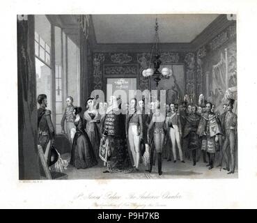 Proclamation de la reine Victoria dans la salle d'audience ou chambre tapisserie, St James' Palace. Gravure sur acier, dessiné et gravé par Henry Melville de London Interiors, leurs costumes et les cérémonies, Joshua Mead, Londres, 1841. Banque D'Images