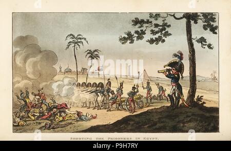 Napoléon regardant l'exécution de 4 000 prisonniers égyptiens par peloton d'exécution après le siège de Jaffa, campagne d'Égypte, 1799. La gravure sur cuivre coloriée par George Cruikshank à partir de la vie de Napoléon une Hudibrastic Poème de médecin de la syntaxe, T. Tegg, Londres, 1815. Banque D'Images