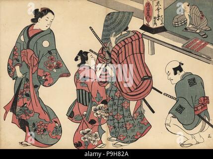 Samurai avoir reçu une lettre d'une courtisane dans les quartiers de plaisir. Gravure sur bois par Okumura Masanobu (1686-1764), Photo de Fuzoku Emakimono Faire défiler du commerce de l'eau, Tokyo, réimpression vers 1880. Banque D'Images