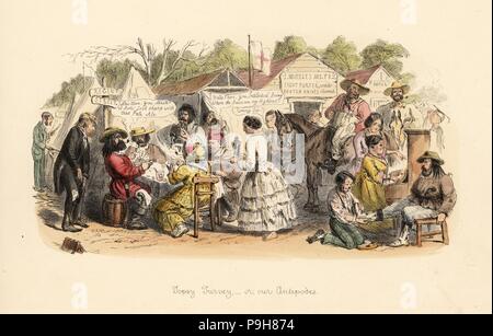 Topsy Turvey, ou nos Antipodes, 1854. Anglais raffiné dames en crinolines en attente sur rough et hirsutes prospecteurs d'or en Australie au cours de la ruée vers l'or. Gravure coloriée par John Leech de folies de l'année, de Punch's Pocket Books, Bradbury, Londres, 1864. Banque D'Images