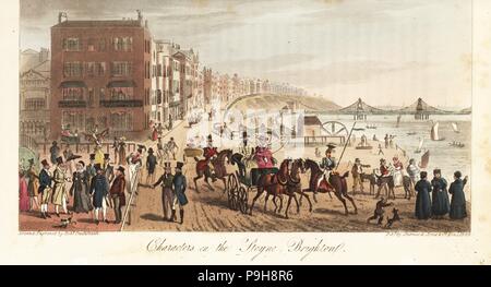 Regency fops et belles équitation et promenading le long de l'avant à Brighton. Des caractères sur le Steyne, Brighton. Dessiné et gravé sur cuivre coloriée par Robert Cruikshank à partir de l'Espion Anglais, Londres, 1825. Écrit par Bernard Blackmantle, un pseudonyme de Charles Molloy Westmacott. Banque D'Images