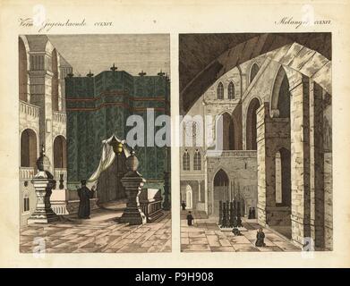 Intérieur (à gauche) et l'entrée (à droite) à l'église du Saint-Sépulcre à Jérusalem. Coloriée à la gravure sur cuivre de Johann Friedrich de Bertuch Bilderbuch fur Kinder (Livre d'images pour les enfants), Weimar, 1823. Banque D'Images