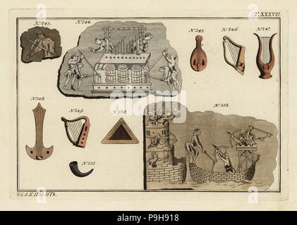 Norman instruments : violons 243, 245, 244, un orgue à tuyaux, les harpes, 246 249 247 248 lyre, cithare, luth, cor de chasse 251 250, et siège d'un château par les archers et les soldats sur un bateau 252. Coloriée à la gravure sur cuivre de Robert von Spalart Photo historique des costumes des principaux peuples de l'Antiquité et du Moyen Âge, Chez Collignon, Metz, 1810. Banque D'Images