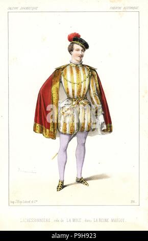 L'acteur français Louis Lacressonniere comme La Mole dans La Reine Margot d'Alexandre Dumas et Auguste Maquet, théâtre historique, 1847. Lithographie coloriée après une illustration par Alexandre Lacauchie de Victor Dollet's Galerie dramatique : les costumes des théâtres de Paris, Paris, 1847. Banque D'Images