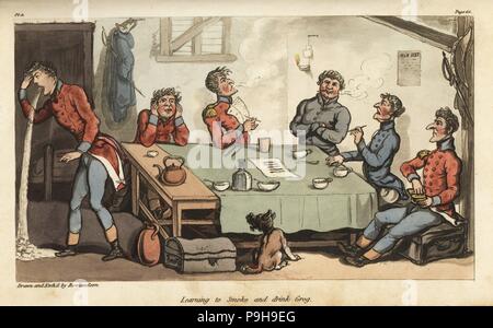 Ensign Johnny Newcome apprendre à fumer des cigares et boire du grog avec d'autres agents. Trop de fumeurs et des vomissements à la table. Coloriée à la gravure sur cuivre gravé et dessiné par Thomas ROWLANDSON du Colonel David Roberts' les aventures militaires de Johnny Newcome, Martin, Londres, 1815. Banque D'Images
