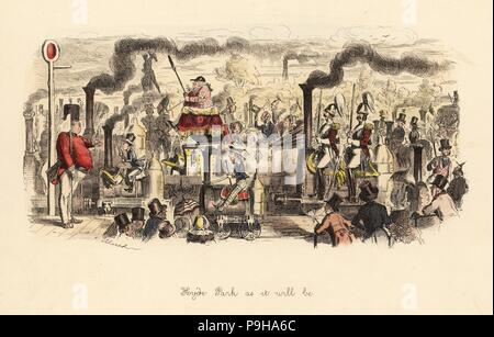 Hyde Park comme il sera, 1846. D'impression futuriste satirique messieurs équitation renseignements personnels les locomotives à vapeur le pompage de gaz. La reine Victoria et la famille d'une grande ride Horse Guards avec moteur monté sur un moteur à côté d'eux. Gravure coloriée par John Leech de folies de l'année, de Punch's Pocket Books, Bradbury, Londres, 1864. Banque D'Images