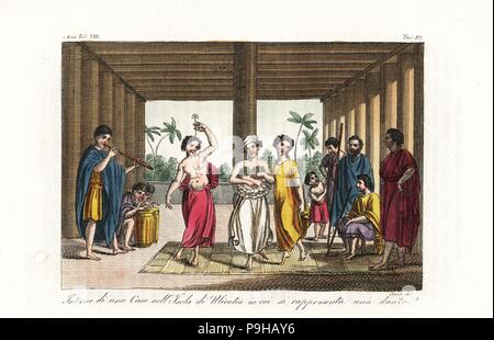 Les femmes danser La danse hula heiva ou tambour à tuyau et la musique dans une maison sur l'île de Raiatea, Iles de la société. Taille-douce coloriée gravée par Sasso après Giovanni Battista Cipriani et Sydney de Parkinson Giulio Ferrario's costumes anciens et modernes de tous les peuples du monde, Florence, Italie, 1844. Banque D'Images