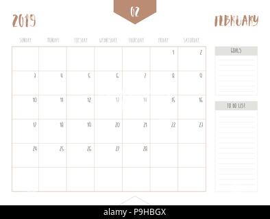 Calendrier 2019 de vecteur ( février ) en simple et propre style de tableau avec des buts et tâches fort ; full size 21 x 16 cm ; début de la semaine le dimanche Illustration de Vecteur