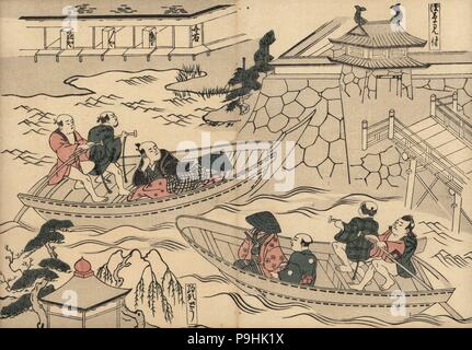 Samurai traversant la rivière (à Akasaka Mitsuke) dans un bateau en route pour le plaisir Yoshiwara trimestres. Gravure sur bois par Okumura Masanobu (1686-1764), Photo de Fuzoku Emakimono Faire défiler du commerce de l'eau, Tokyo, réimpression vers 1880. Banque D'Images