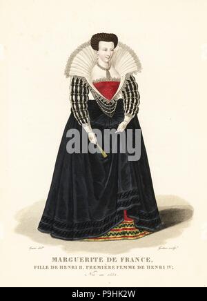 Marguerite de Valois, Marguerite de france, fille du Roi Henry II, première épouse du roi Henry IV, 1552-1615. Portrait de 1572 en montrant son haut en dentelle, col droit tribunal espagnol robe corset, ou vertugadin vertugadin, collier de perle, en chute de manches, et jupon brodé Rouge. La gravure sur cuivre coloriée par Georges Jacques Gatine après une illustration par Louis Marie lante de la galerie française de femmes celebres, Paris, 1827. Banque D'Images