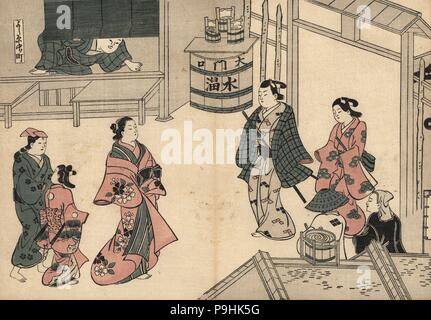 Daimonguchi Nakanocho et porte d'entrée dans Yoshiwara plaisir quarts avec samouraï et courtisans et maid (kamuro). Baril d'eau et seaux étiqueté. Daimonguchi Gravure sur bois par Okumura Masanobu (1686-1764), Photo de Fuzoku Emakimono Faire défiler du commerce de l'eau, Tokyo, réimpression vers 1880. Banque D'Images