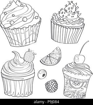 Livre de coloriage, coloriage, gâteau, sucré, boulangerie, motif, set, cafe Illustration de Vecteur