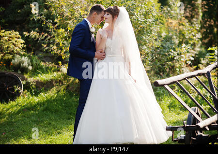 Jeune couple nouvellement marié posant à côté du panier à l'extérieur dans le parc. Banque D'Images