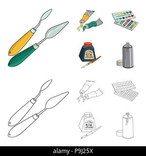 Balonchik les peintures, les tubes avec de la peinture, aquarelle dans une boîte, dans une bouteille d'encre et un stylo.jeu de dessins de l'artiste et icônes de la collection cartoon style contour,ve Illustration de Vecteur