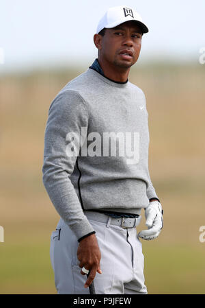 USA Tiger Woods au cours de l'aperçu du jour 4 de l'Open Championship 2018 à Carnoustie Golf Links, Angus. Banque D'Images