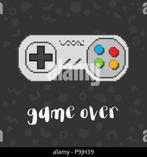 Vector pixel art 8 bits en illustration d'un contrôleur de jeu vidéo rétro et expression jeu plus. Fond noir avec motif géométrique très tendance Illustration de Vecteur