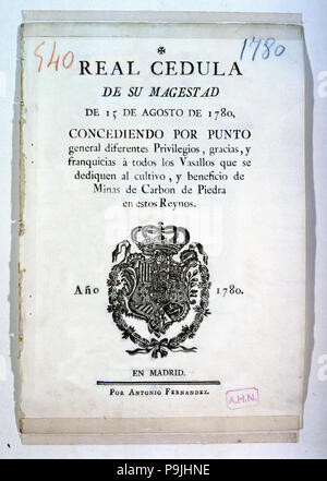 Proclamation royale du roi Charles III, 1780, les privilèges de la Couronne de l'vassaux engagés dans t… Banque D'Images