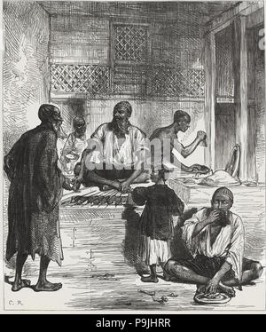 Guerre British-Afghan, scènes afghanes, épicerie dans un marché de Kaboul, gravure de 1878. Banque D'Images