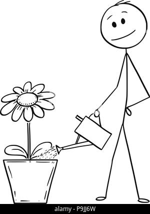 Caricature de l'homme ou homme d'Arrosage fleur ou plante en pot Illustration de Vecteur