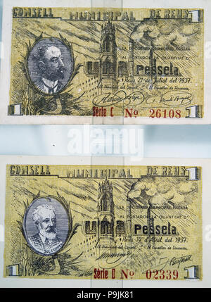 Billets émis par la ville de Reus en avril 1937 pendant la guerre civile espagnole (1936-1939). Banque D'Images