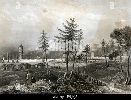 Beijing, illustration avec des temples et de la ville, gravure, 1855. Banque D'Images