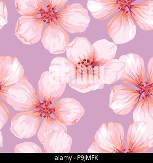 Modèle transparent avec fleurs de pommier en fleurs sur fond rose. L'élégance vintage style aquarelle de texture sans fin . Illustration de Vecteur