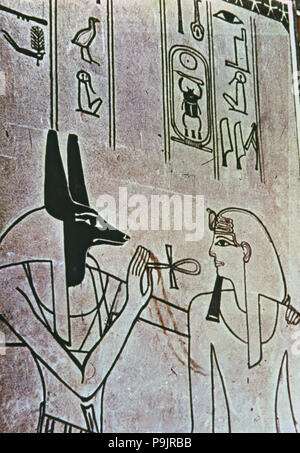 Fresque de la tombe d'Amenhotep II, représentée avec dieu Anubis, partie du nouveau royaume. Banque D'Images