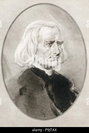 Franz Liszt, 1811 - 1886. Le compositeur hongrois, le pianiste virtuose, chef d'orchestre, arrangeur, professeur de musique, organiste, philanthrope, auteur, nationaliste et un Tiers Ordre franciscain. Illustration par Gordon Ross, artiste et illustrateur américain (1873-1946), de vivre des biographies de grands compositeurs. Banque D'Images