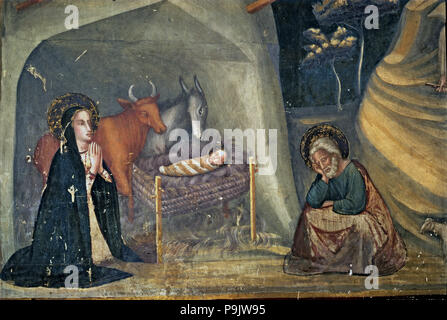 'La Nativité', fresque de 1346 dans la chapelle Saint-Michel dans le monastère de Pedralbes, à Barcelone. Banque D'Images