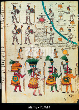 Le Codex Mendoza' '(1535 - 1550), hiéroglyphe aztèque représentant les opérateurs qui veulent s'attaquer le cer… Banque D'Images