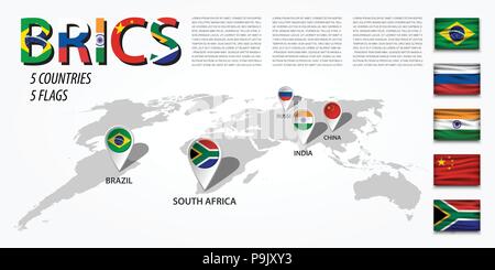 Bric . Association des 5 pays ( Brésil . La Russie . inde . chine . afrique du sud ) . Carte du monde et du point de vue emplacement GPS Navigator axe avec nati Illustration de Vecteur