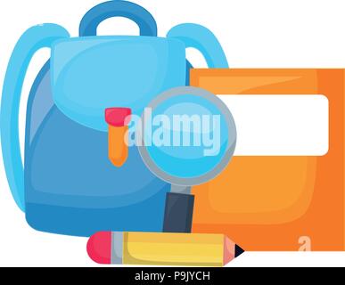 Livre scolaire avec lupe et sac à dos pour l'école sur fond blanc, vector illustration Illustration de Vecteur