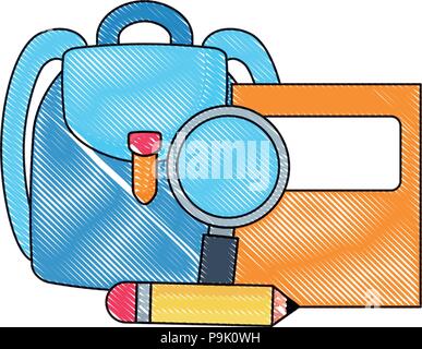 Livre scolaire avec lupe et sac à dos pour l'école sur fond blanc, vector illustration Illustration de Vecteur