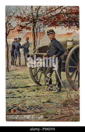 Carte postale historique français : l'artillerie belge sur la garde. Pièce d'artillerie. Un soldat avec un sabre dégainé dans le poste. la première guerre mondiale 1914-1918. Banque D'Images