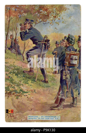 Carte postale historique français : 'l'infanterie sur le look out' des soldats de l'armée belge dans les bois suivent l'ennemi. la première guerre mondiale 1914-1918. Banque D'Images