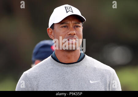 USA Tiger Woods au cours de l'aperçu du jour 4 de l'Open Championship 2018 à Carnoustie Golf Links, Angus. Banque D'Images